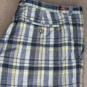 Tommy Bahama Shorts Mens 38 Blue Linen Tencel Plaid Chino Tropical Beach Casual